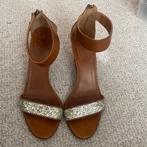 JCrew Brown and Silver Glitter Wedge Heels Sz 7.5